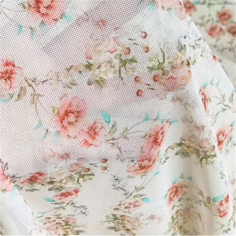 

Apricot colored small floral spandex soft elastic mesh printed fabric summer dress Hanfu fabric