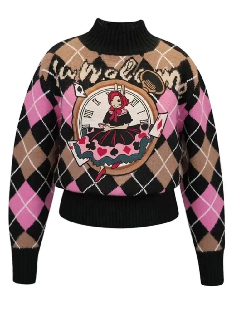 Vintage Argyle Knit Sweater Pullover Women Cartoon Embroidered Half High Collar Tops 2024 AutumnLong Sleeve Elegant Chic Jumper