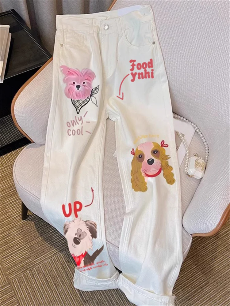 

Милые японские джинсы с высокой талией и широкими штанинами, повседневные летние винтажные мужские и женские длинные брюки, милый дизайн с маленькой собакой, свободная посадка