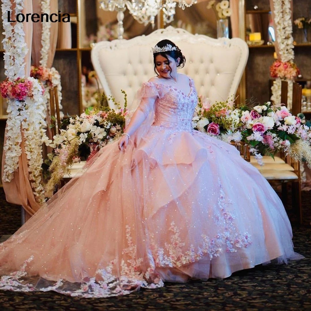 Customized Sparkly Pink Quinceanera Dress Ball Gown Lace Applique Beaded Tiered Cape Corset Sweet 16 Vestidos De 15 Años YQD863