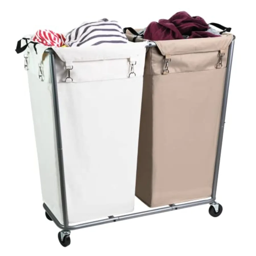 

280L Laundry Cart with Wheels Commercial Large Rolling Laundry Sorter Heavy Duty Divided 2 Section Laundry Hamper with Steel Fr