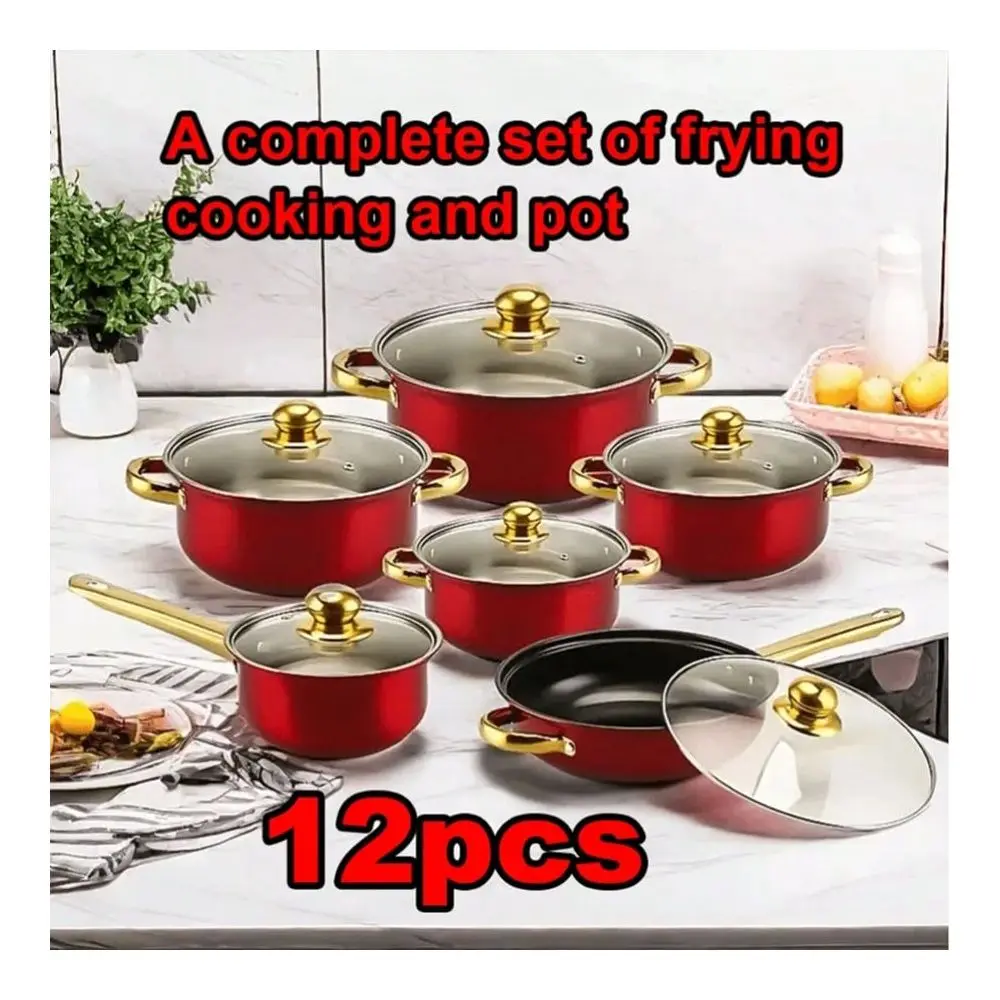 

Colorful NonStick Cookware Set With GoldPlated Handles Stainless Steel Soup Pot Included, Red UltraLightweight NonStick Frying