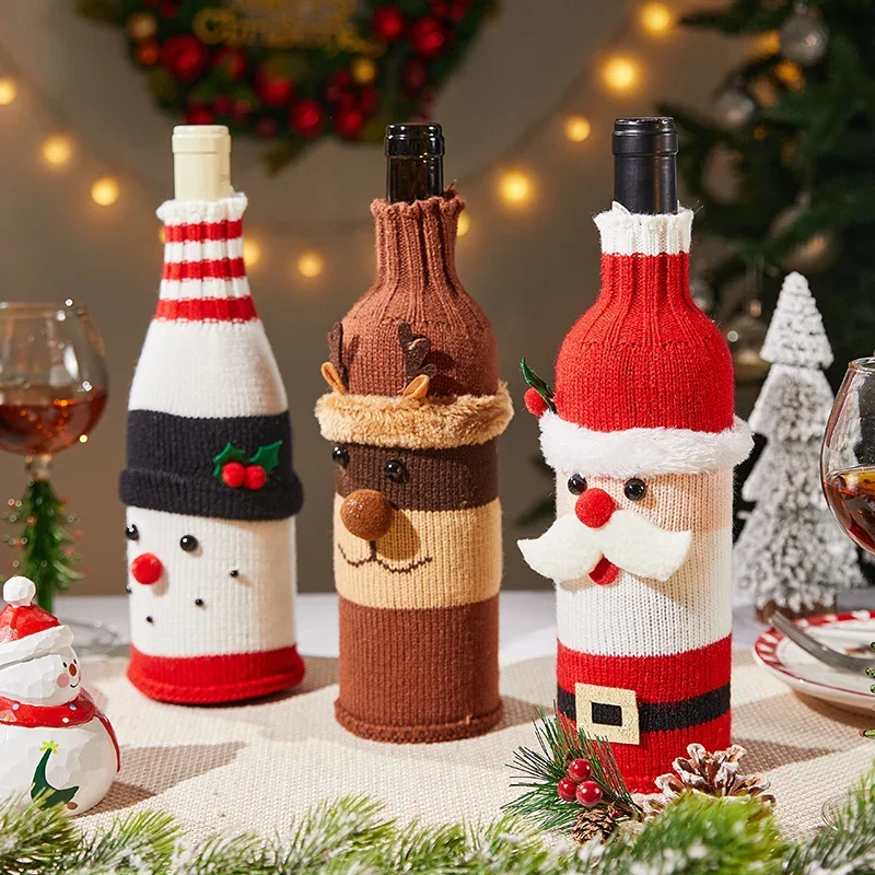 

Christmas Wine Bottle Cover Set Santa Snowman Woven Wine Bottle Bags For Navidad Party Dinner Table Decorations New Year Gifts