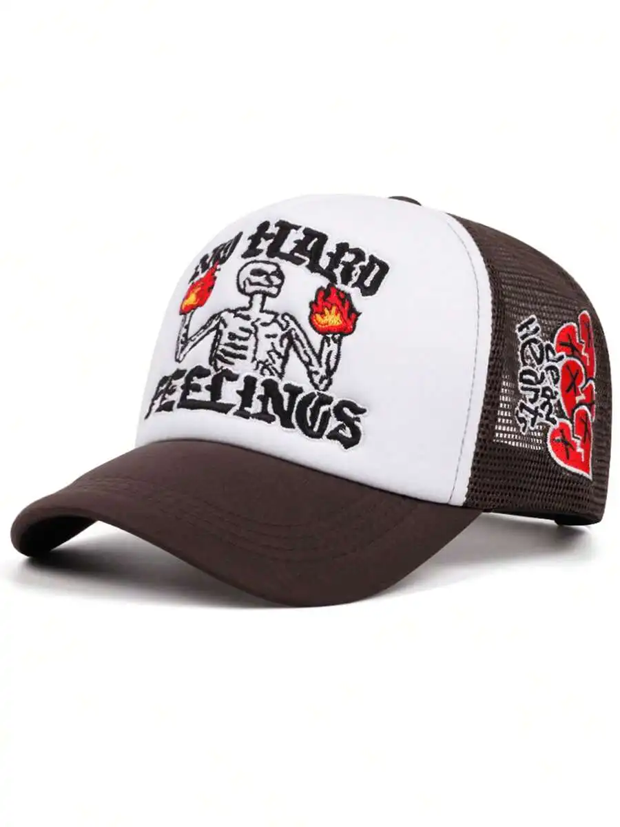 

Breathable Mesh Cap With Flame Skull Rose Heart Embroidery Unisex Snapback Summer Outdoor Sports Hat