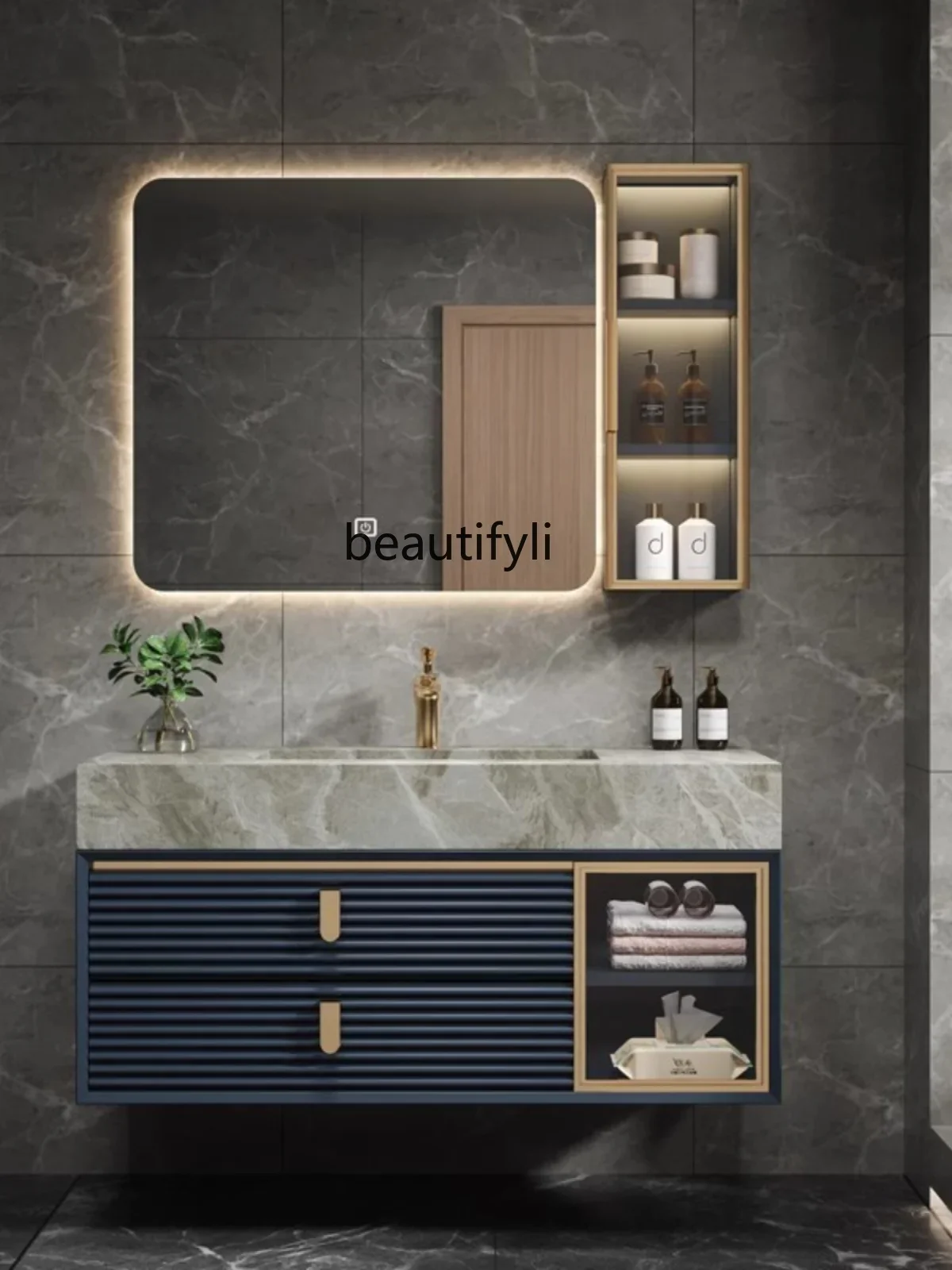 

Light Luxury Solid Wood Smart Bathroom Cabinet Combination Oak Washstand Stone Plate Ceramic Washbasin