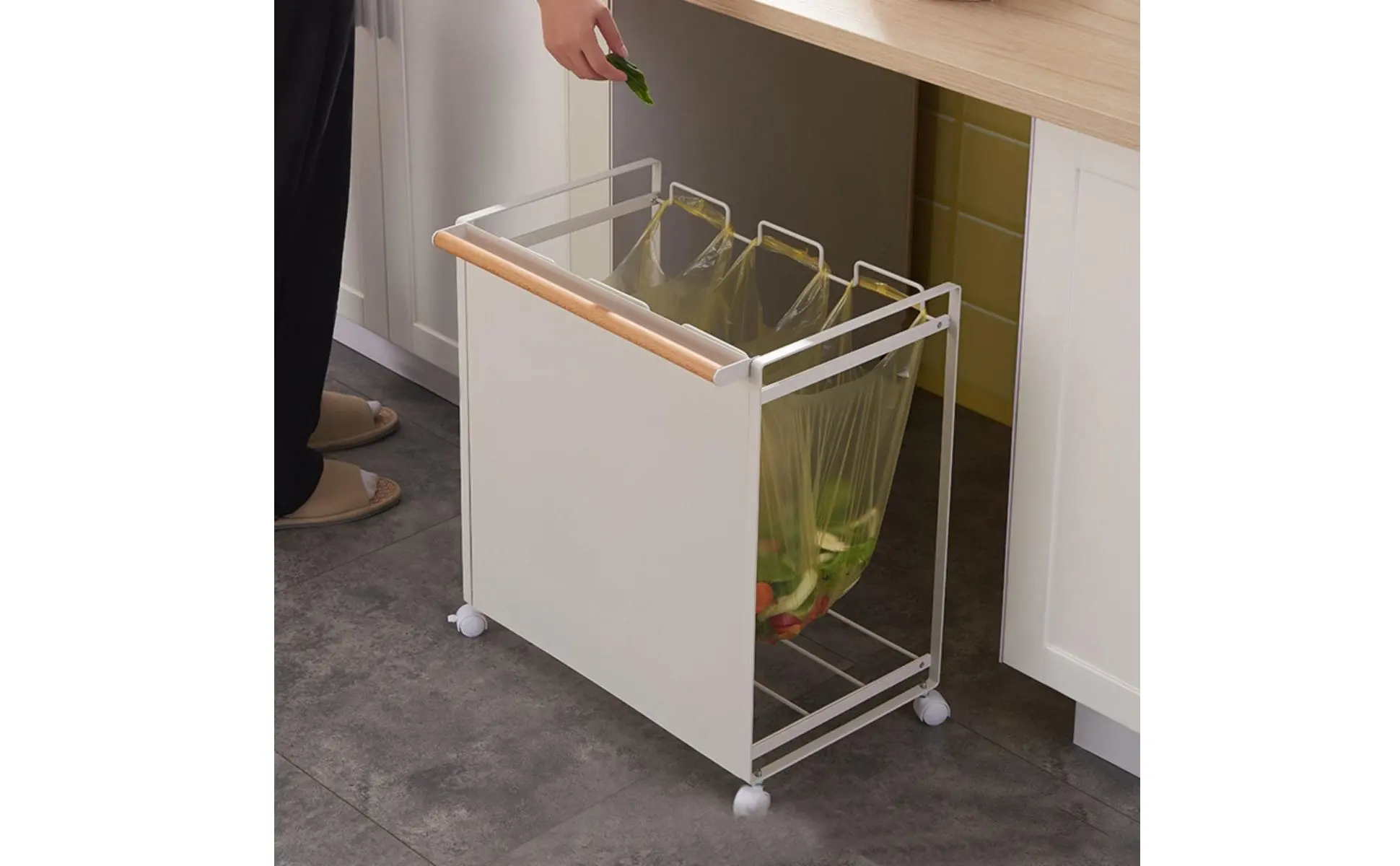 3-Bin Trash Sorter Portable Mobile Garbage Bag Vehicle Rolling Garbage Bag Stand Space Saving Household Storage Heavy Duty
