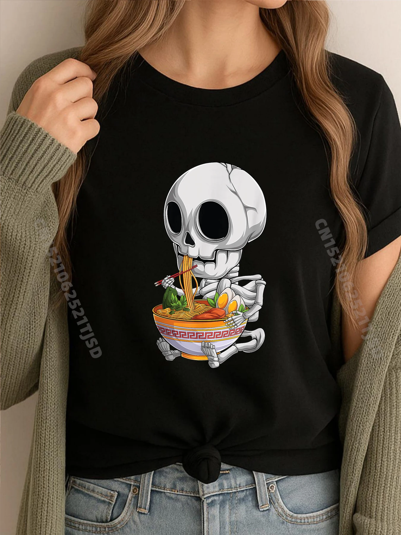 

Кавайные японские футболки со скелетом на Хэллоуин, рамэн для любителей еды, синие и белые футболки с рисунком, дышащие мужские рубашки в готическом стиле