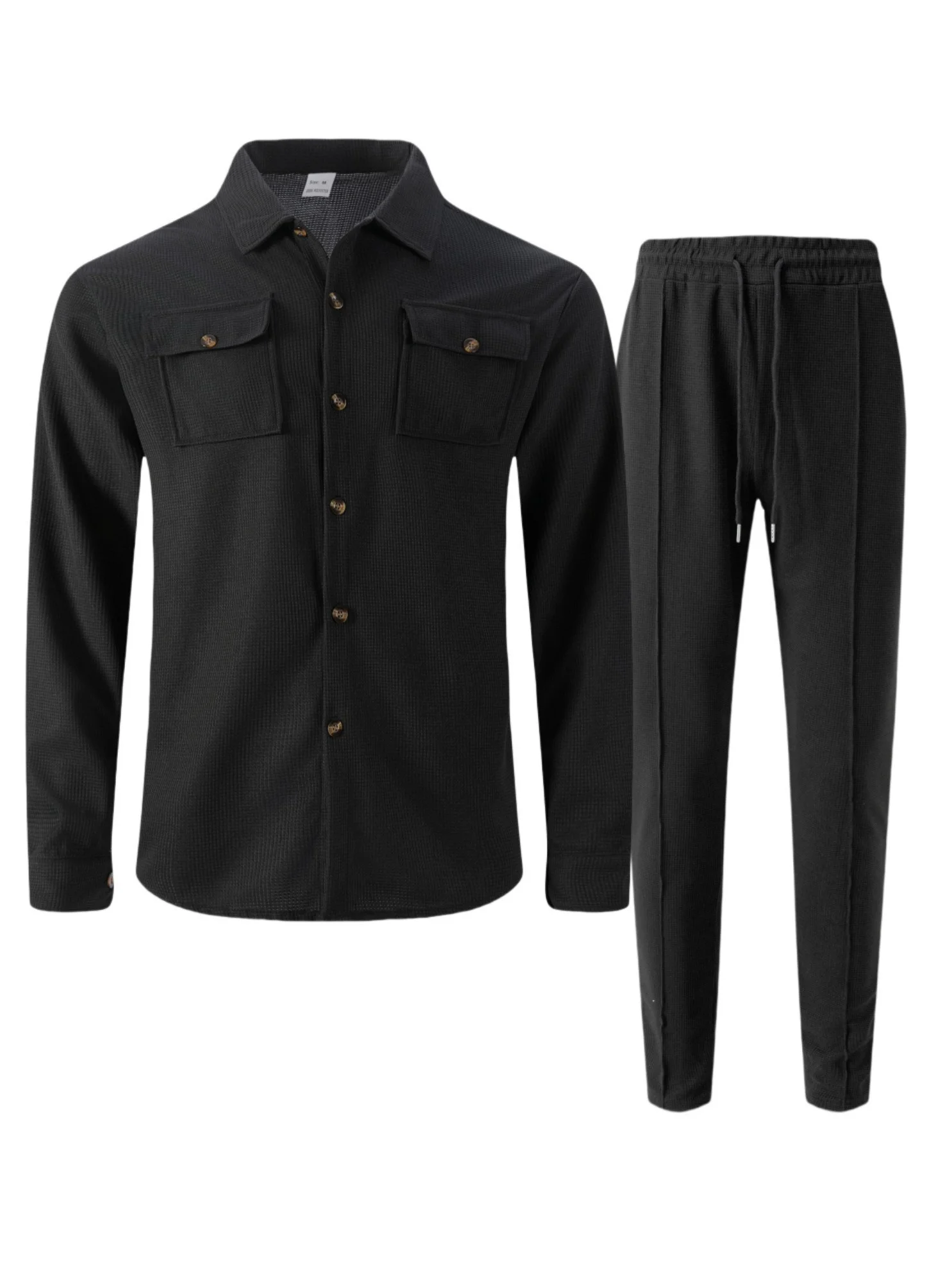 Ensemble deux pièces pantalon gaufré à manches longues, couleur unie, double poche, cardigan boutonné, chemise, nouvelle collection automne