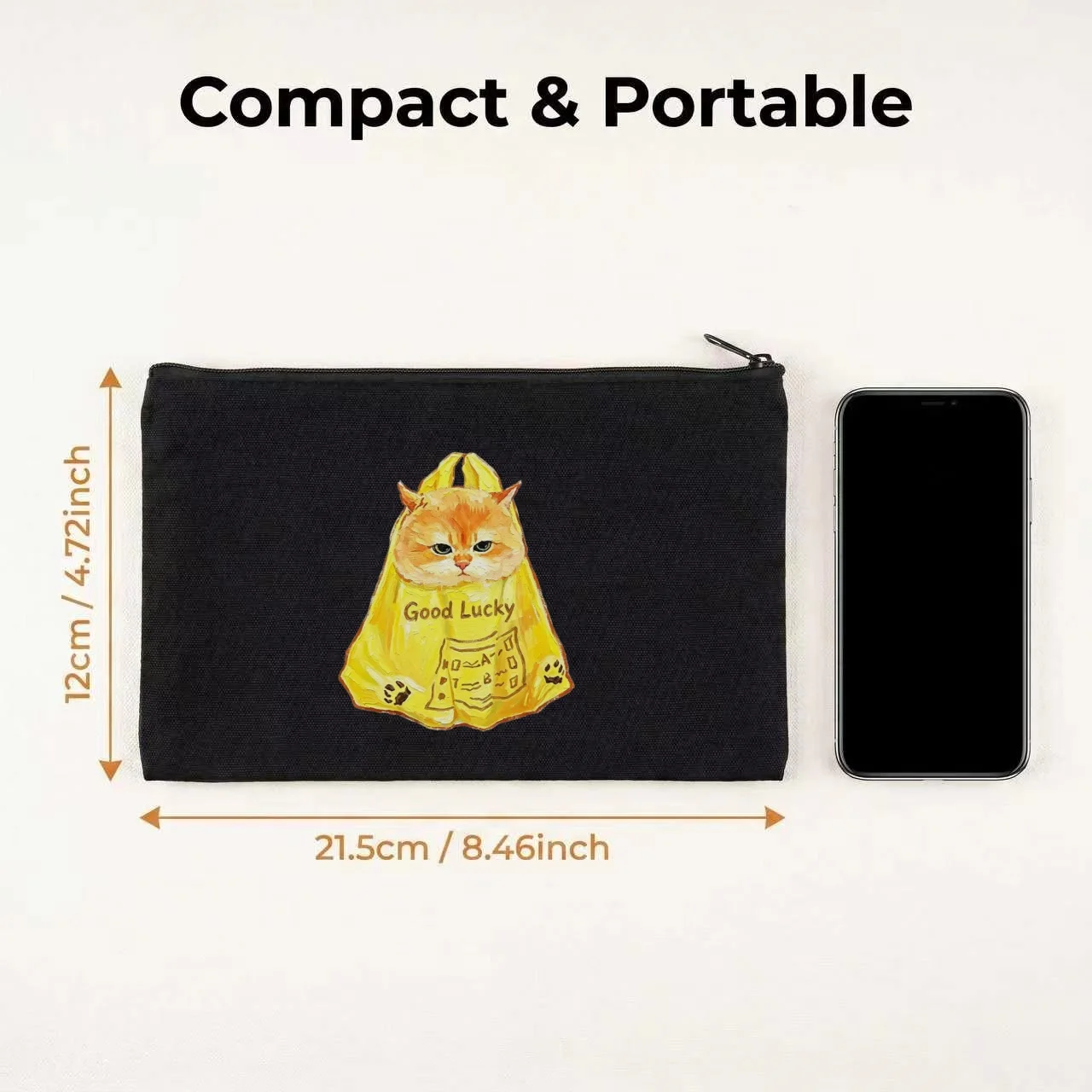 1PC Funny Fortune Bag Tabby Cat Good Lucky Text Print Makeup Bag Double Sided Canvas Daily Storage Organizer