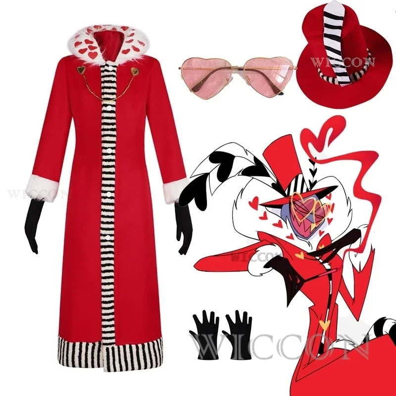 Hazbin Cosplay Val Big V Hotel Valentin Cosplay Costume Outfit Glasses Red Coat Hat Anime Cosplay Clothes Halloween Party Devil