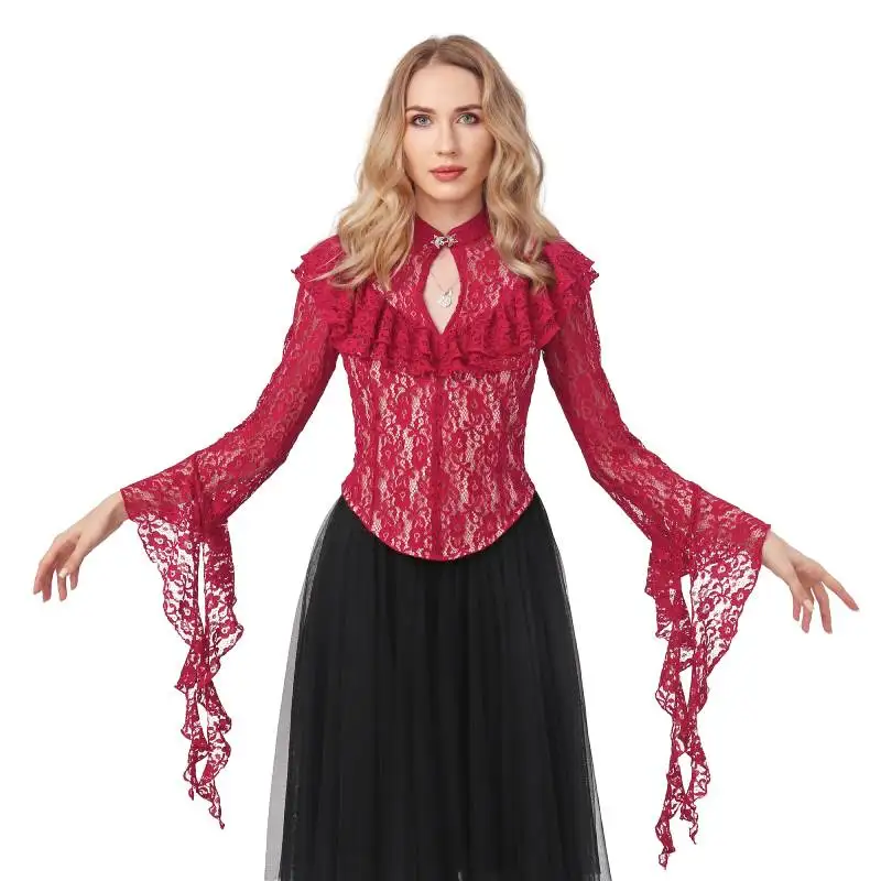 

DAZCOS Womens Vampire Shirt Victorian Renaissance Blouse Pirate Cosplay Vintage Gothic Medieval Costume with Lace Sleeves
