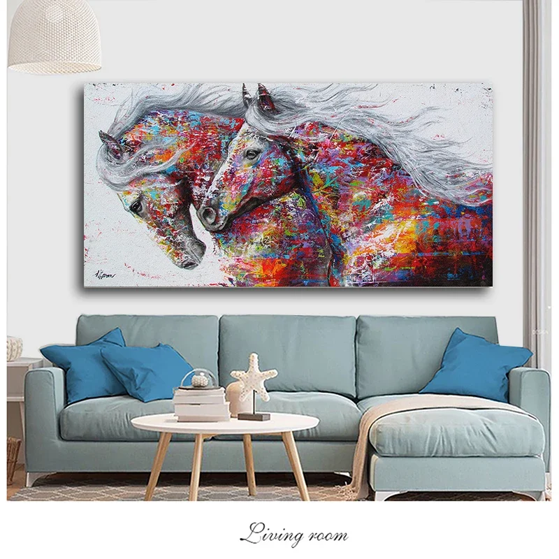 1pc frameless Modern Abstract Wall Art Two Running Horses Doodle Pop Banksy HD Canvas Poster Print  Bedroom  Decorating