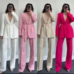 Casual Solid Color Women Suits Shawl Lapel Belt Elegant Business Office Lady Outfits 2-częściowy zestaw żakiet i spodni Luksusowy pełny zestaw