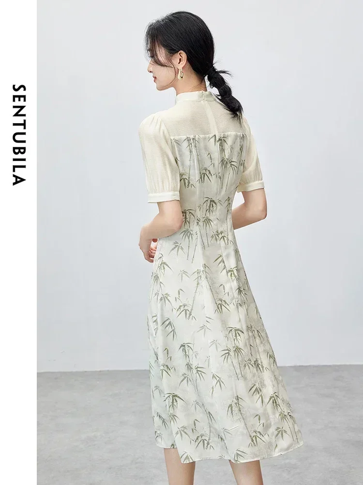 ชุดเดรสผู้หญิงสไตล์จีน SENTUBILA รุ่นปี 2025 สำหรับฤดูร้อน ดีไซน์หรูหรา คอตั้งเล็ก ลายพิมพ์ไม้ไผ่ เหมาะสำหรับงานปาร์ตี้ งานกลางคืน ชุดเดรสสุดสง่างาม รุ่น 142L54578