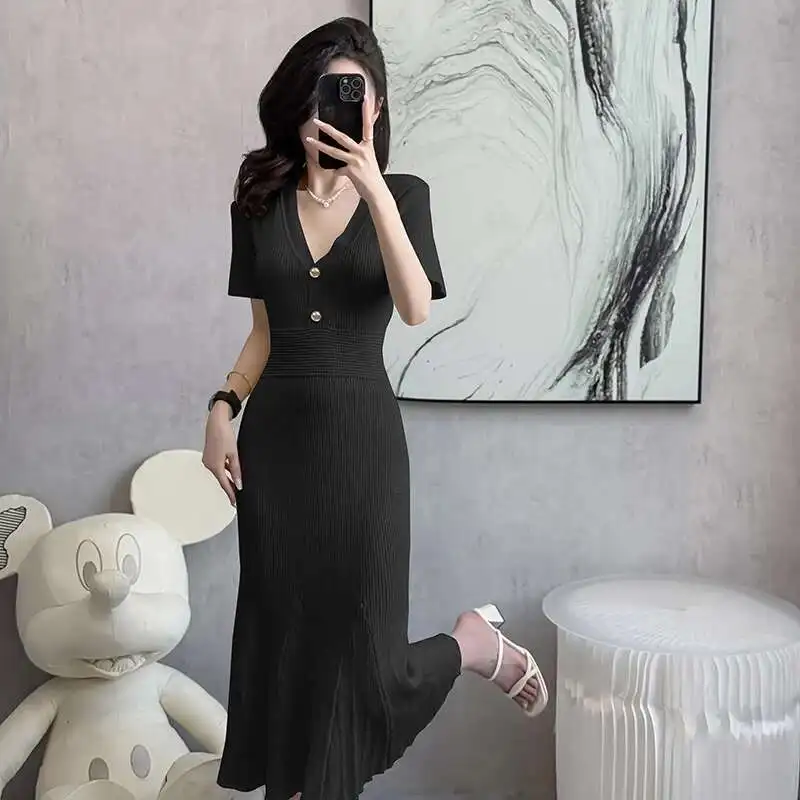 2025 nowa dzianinowa letnia sukienka na imprezę kobieta moda na co dzień z krótkim rękawem Bodycon syrenka długie sukienki Vestidos Largos szaty