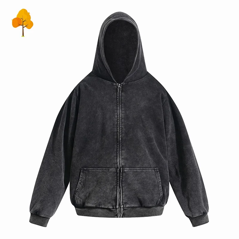 Autumn Winter Double Layer 100% Cotton Kanye West YZY Hoodie Vintage Washed Black Short But Wide Zipper Coats For Men Women