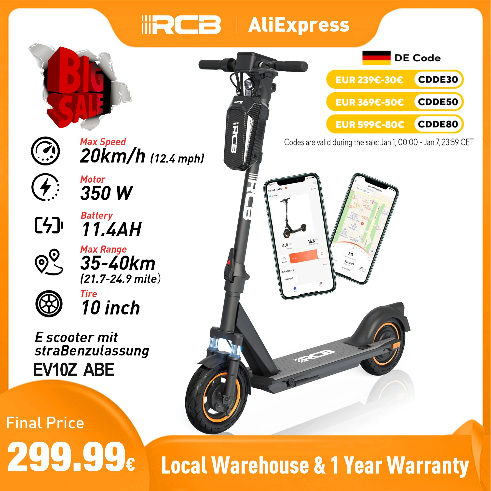 RCB Elektroroller mit Straßenzulassung(ABE), Faltbarer E-Scooter für Erwachsene bis 100KG - 350W Motor, 11.4Ah Batterie, APP