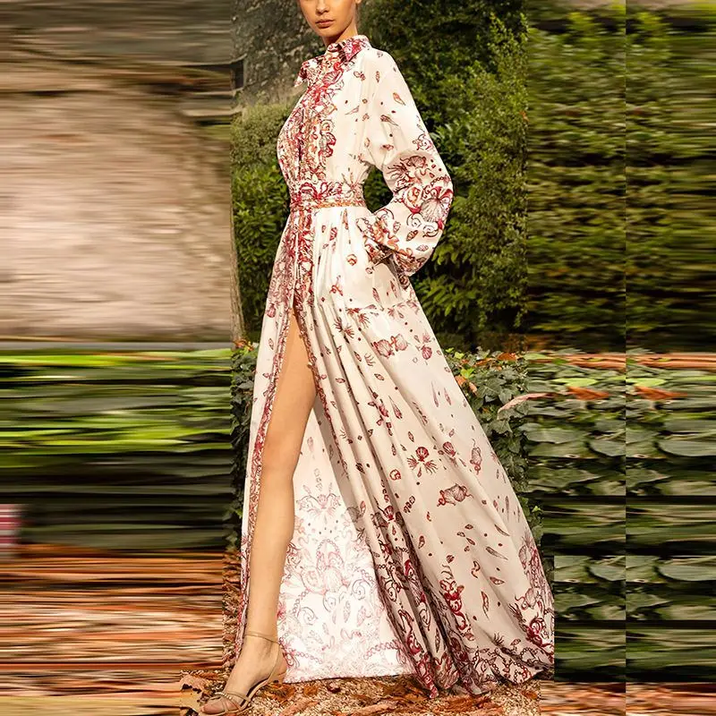 

Spring Summer 2025 Long Casual Shirt Collar Dress Celebrity Fashion Holiday Print Midi Dress Elegant Women's Clothing
