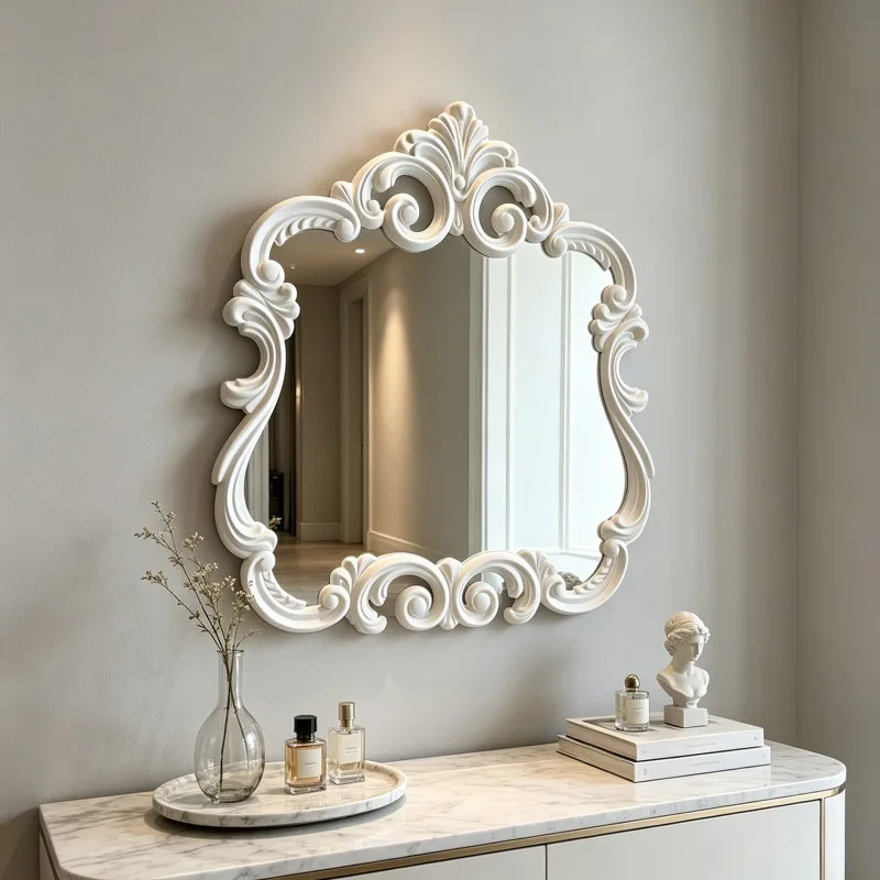 European retro baroque carved cosmetic bathroom  decorative mirror bedroom wall hanging light luxury