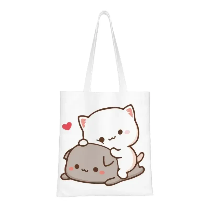 Kawaii Peach Sitting On Goma Shopping Tote Bags Recycling Cute Mochi Cat Canvas Grocery Shoulder Shopper Bag