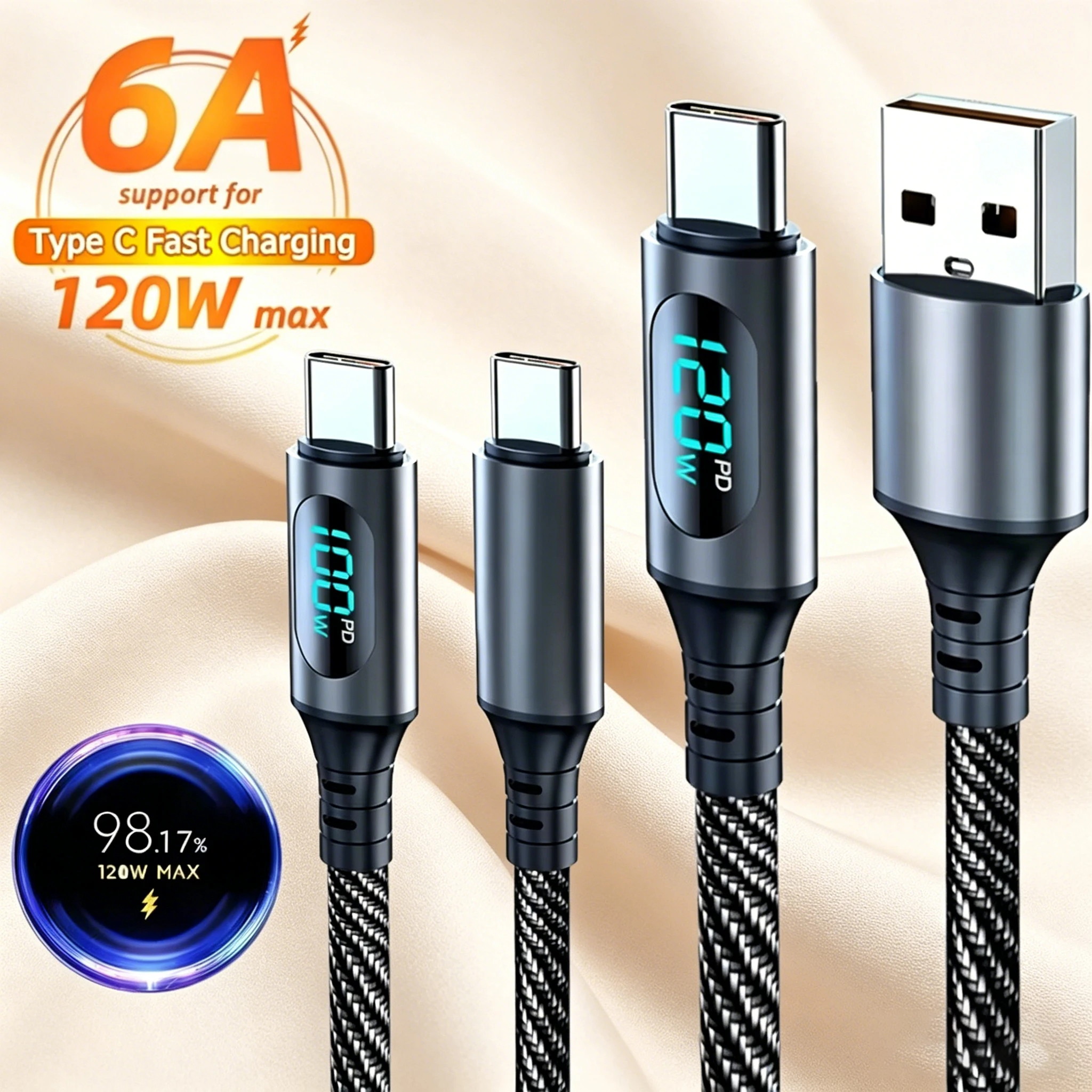 6A120W LED Digital Display USB Typ-C Kabel Ultra Schnelles Lade- und Datenkabel für iPhone 12 13 14 Samsung Xiaomi Huawei Quick Wire
