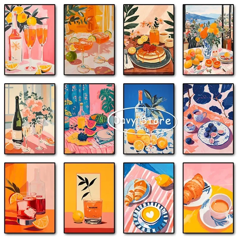 Retro Dining Table Wall Art Food Drink Coffee Negroni Cocktail Wine Fruit Orange Poster Print Canvas Painting for Kitchen Home
