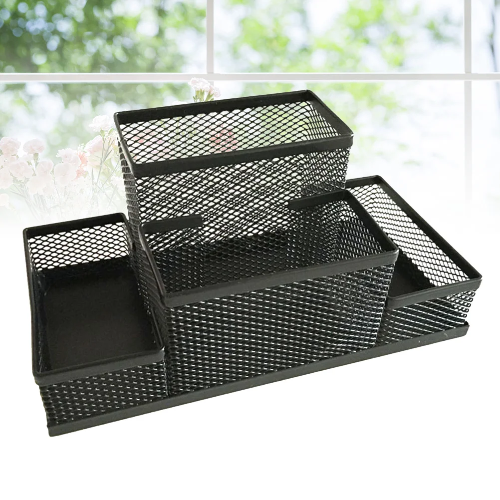 Metal Mesh Table Organizer Desktop Container Pen Holder Storage Case Office Supplies (Black) compartment desk organizer