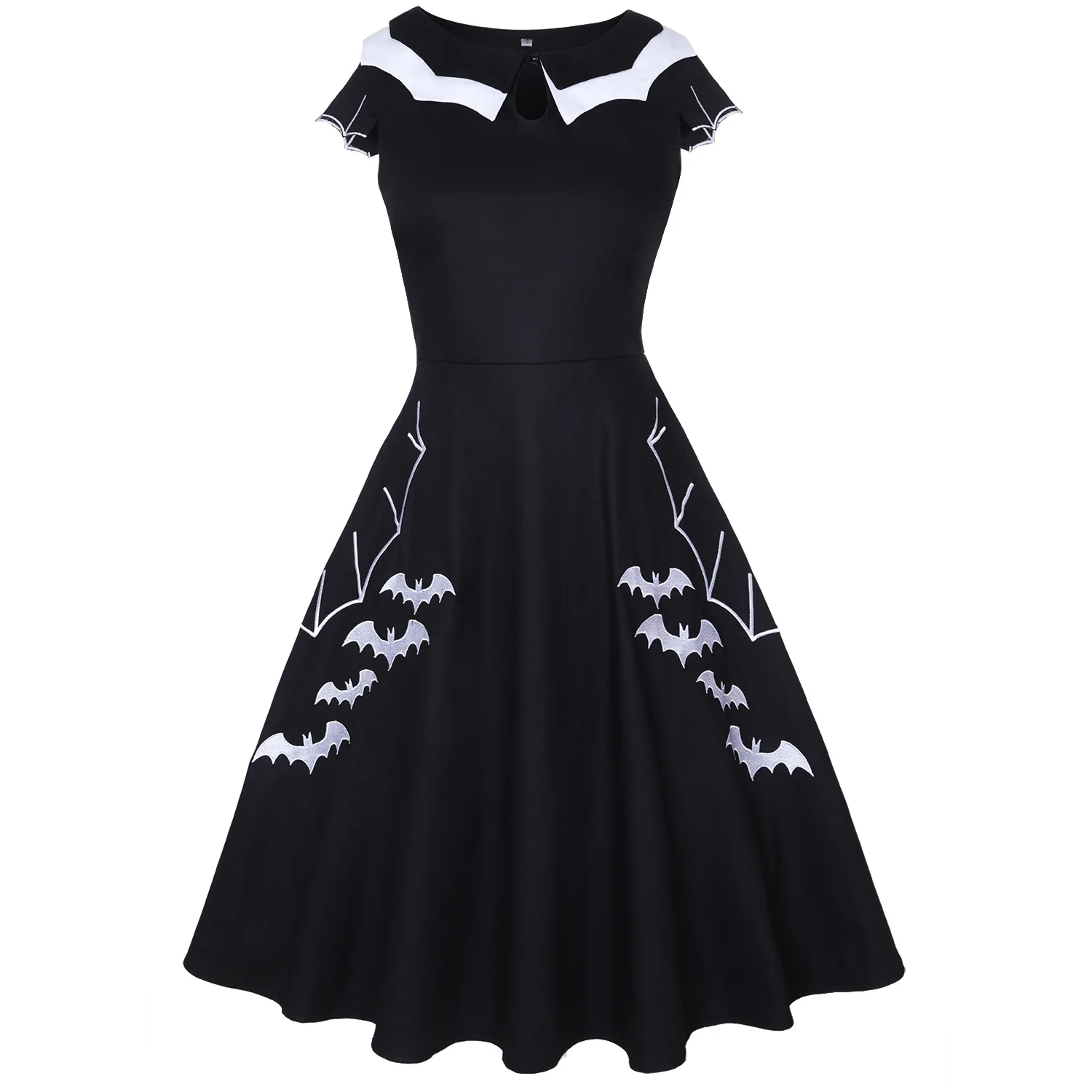 Vintage Bat Embroidery Halloween Costumes Party Retro Dresses Women Short Sleeve Retro A-Line Swing Dress