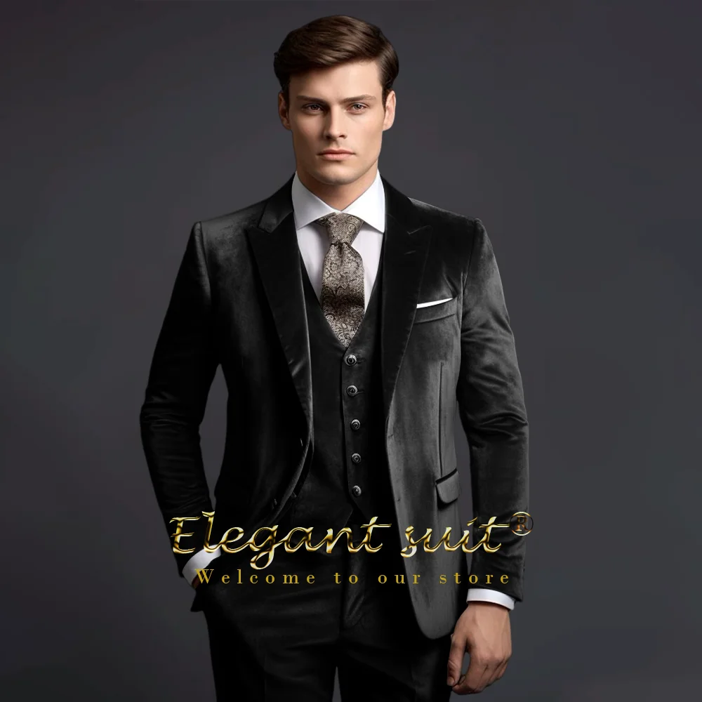 Men's Slim Fit Velvet 3 Piece Suit - Grey, Wedding Formal Suit, Jacket Pants Vest, Tailored Elegant Menswear