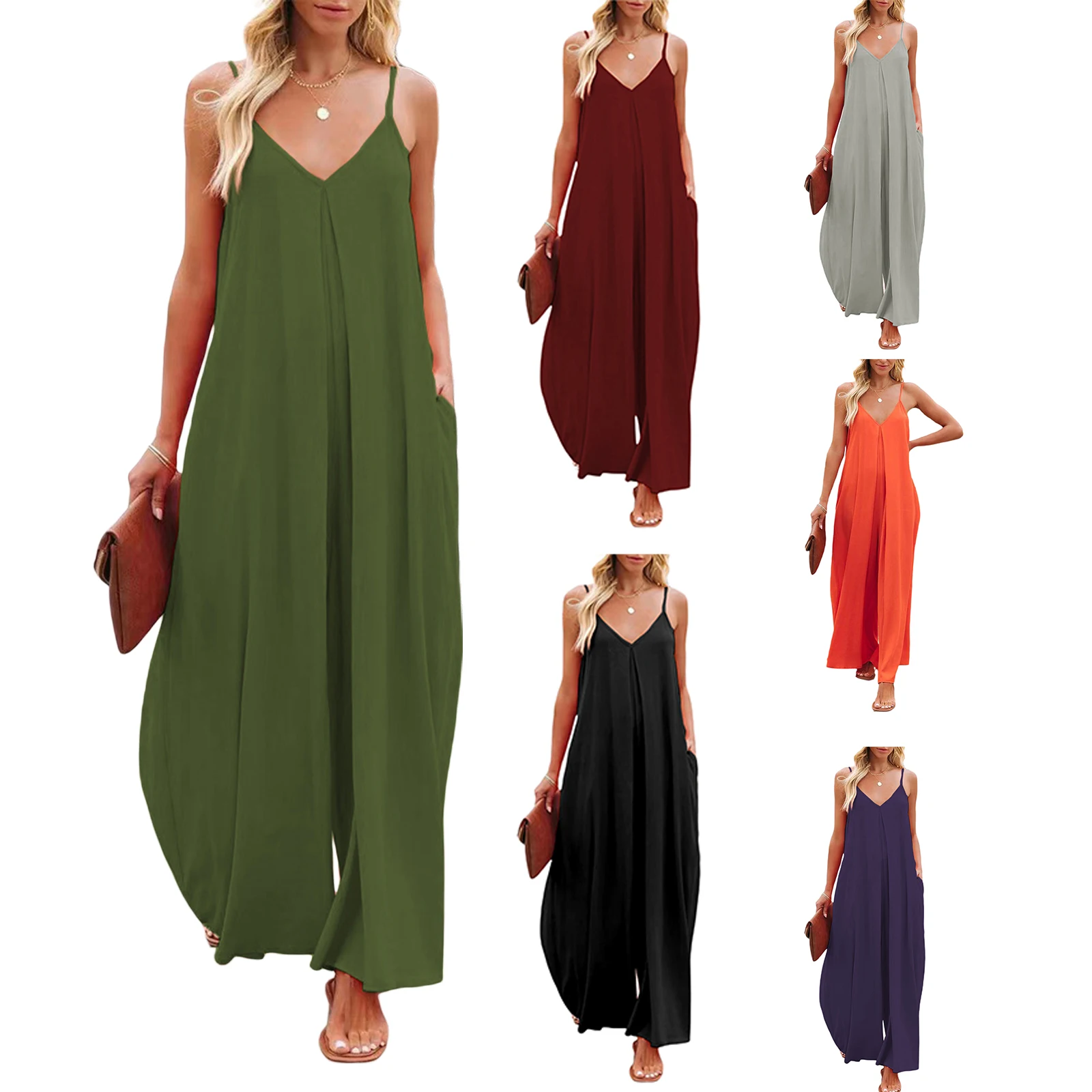 

Women’s Long Jumpsuit, Casual Spaghetti Strap Solid Color Wide Leg Romper Pants Baggy Overalls