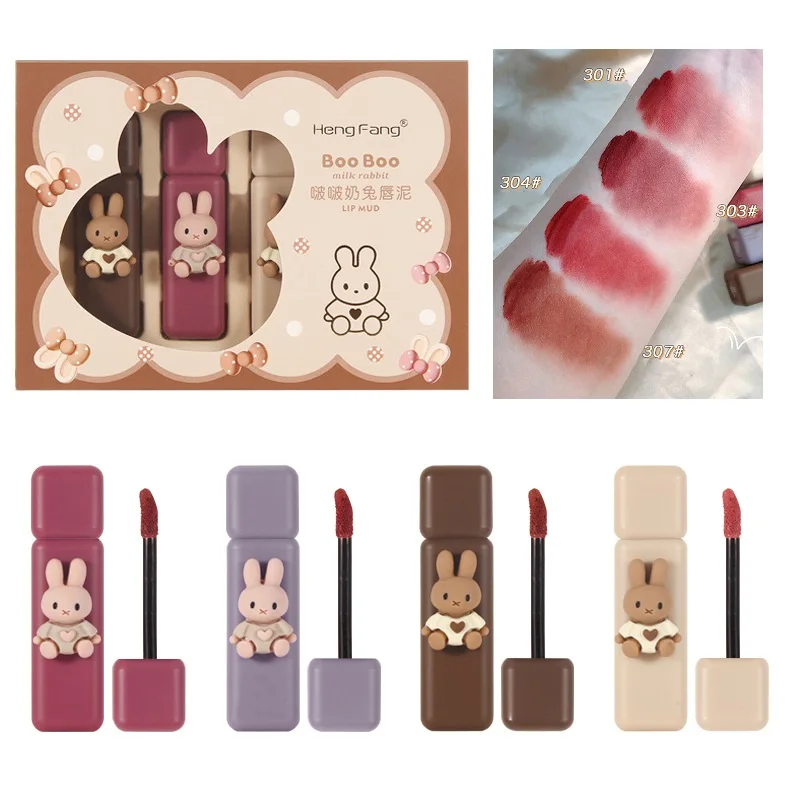 4Pcs/Lot HengFang Cartoon Cute Matte Lip Gloss Makeup Set Velvet Liquid Lipstick Long Lasting Non-stick Cup Lip Tint Cosmeticos