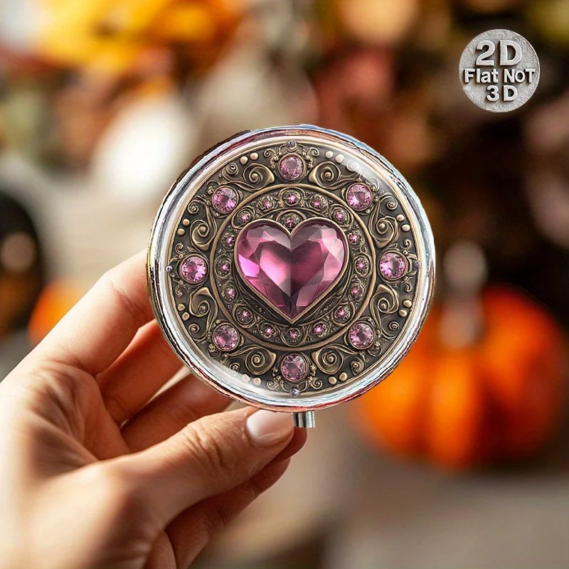A portable round metal pill box with a flat design, featuring a circular structure with a metal frame, specifically designed for organizing daily medications and vitamins. It is the perfect choice for daily use during summer travel and is also ideal for maintaining healthy habits, with a sleek design