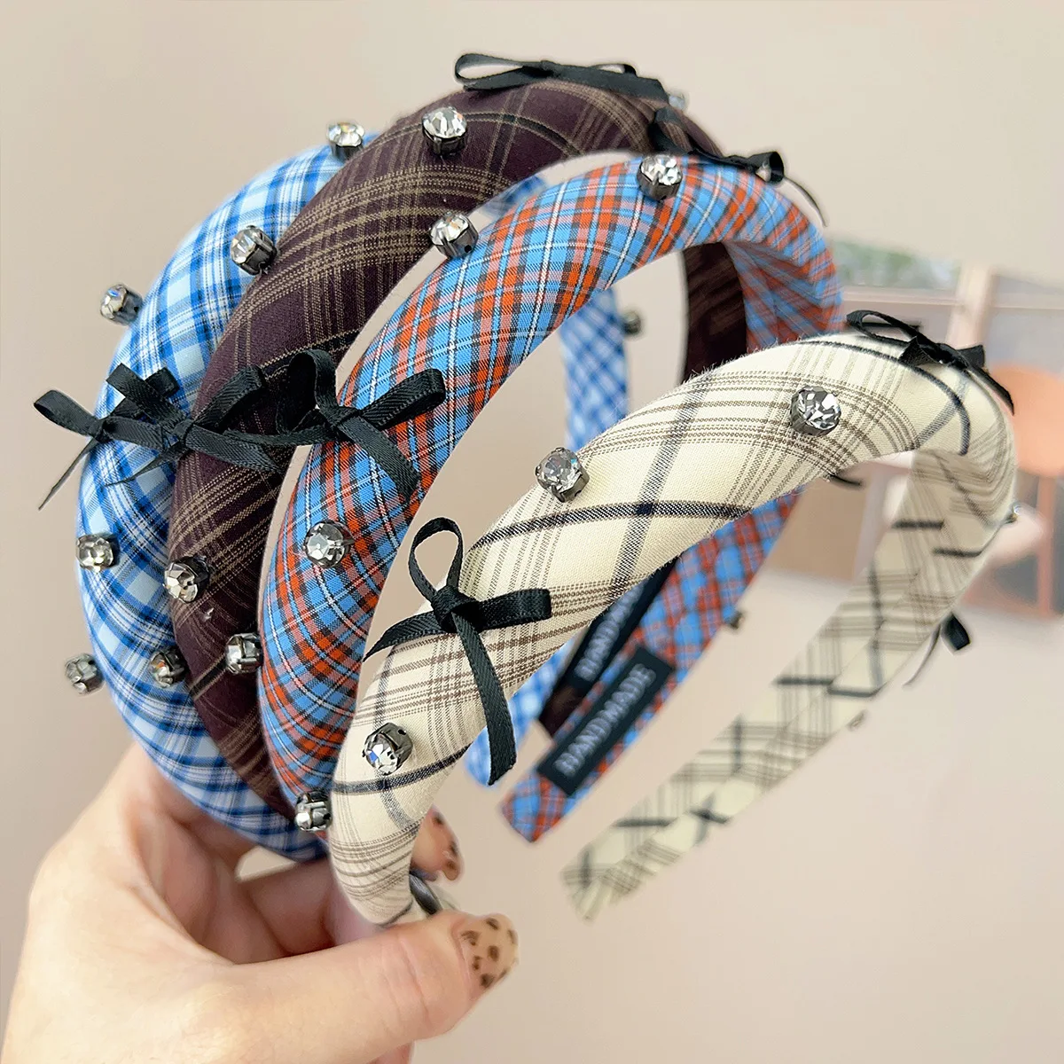 

Korean Style Sweet Elegant Plaid Bowknot Rhinestone Hairband Non-slip Toothed Hair Accessory