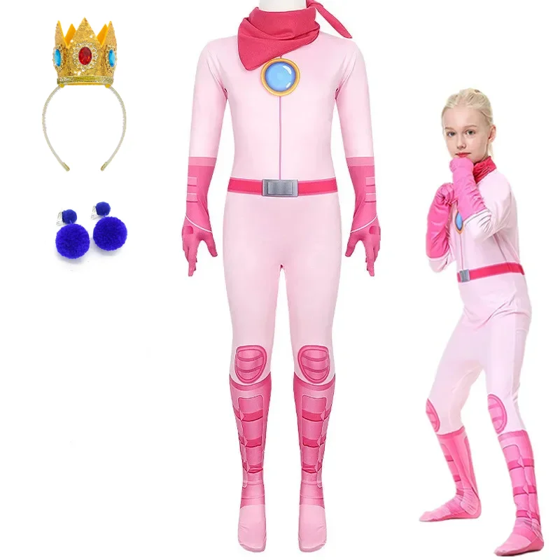 

Three Piece Peach Princess Dress Up Outfit Girls Long Sleeve Jumpsuits Rompers With Crown Earrings For Halloween Carnival Party