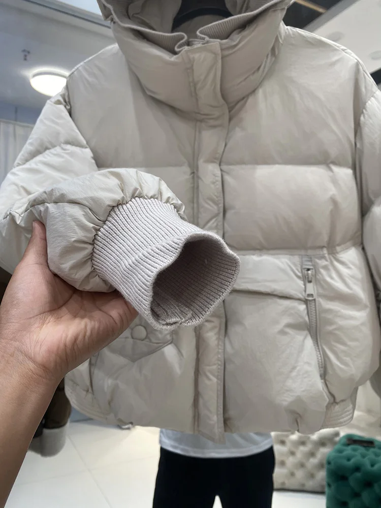 المرأة قصيرة نمط محبوك هوديي الربط الدافئة الأبيض بطة أسفل معطف الطبعة الكورية 2025 شتاء جديد Breadms أسفل معطف #6