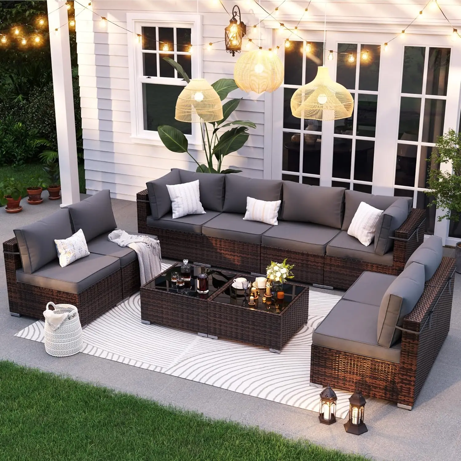 

Patio Furniture Set, 7/10/12-Piece Outdoor Sectional with Free Cover, All-Weather Wicker Patio Conversation Sets for Backyard