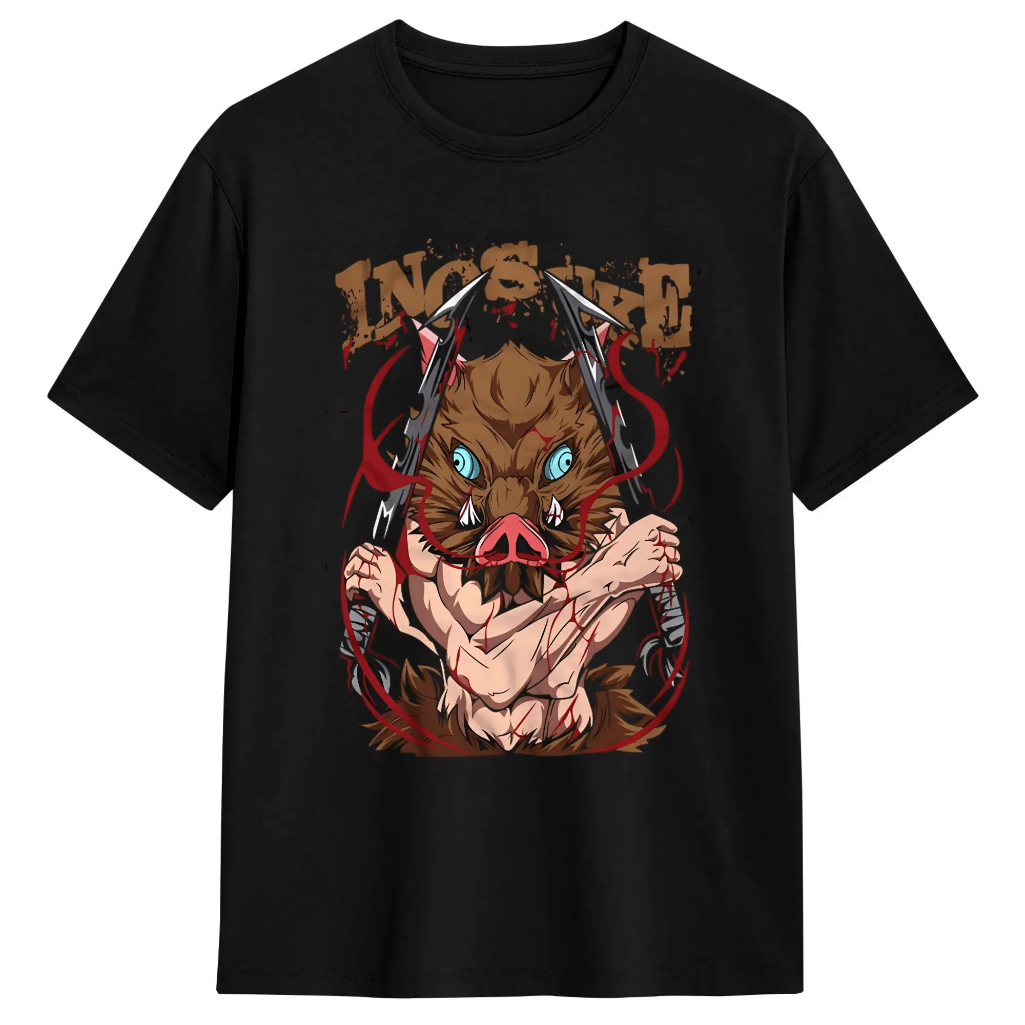 Inosuke Cotton T-Shirt For Men Summer Demon Slayered Streetwear T Shirts O Neck Harajuku Tees Big Size Pattern Clothes
