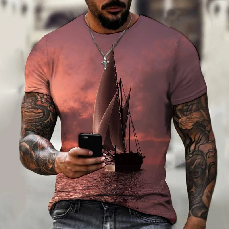 Fashion Sailboat Graphics T-shirts Summer Trend Short Sleeve Mens 3D Sailing Boat Printed T Shirts Casual Loose Streetwear Tees