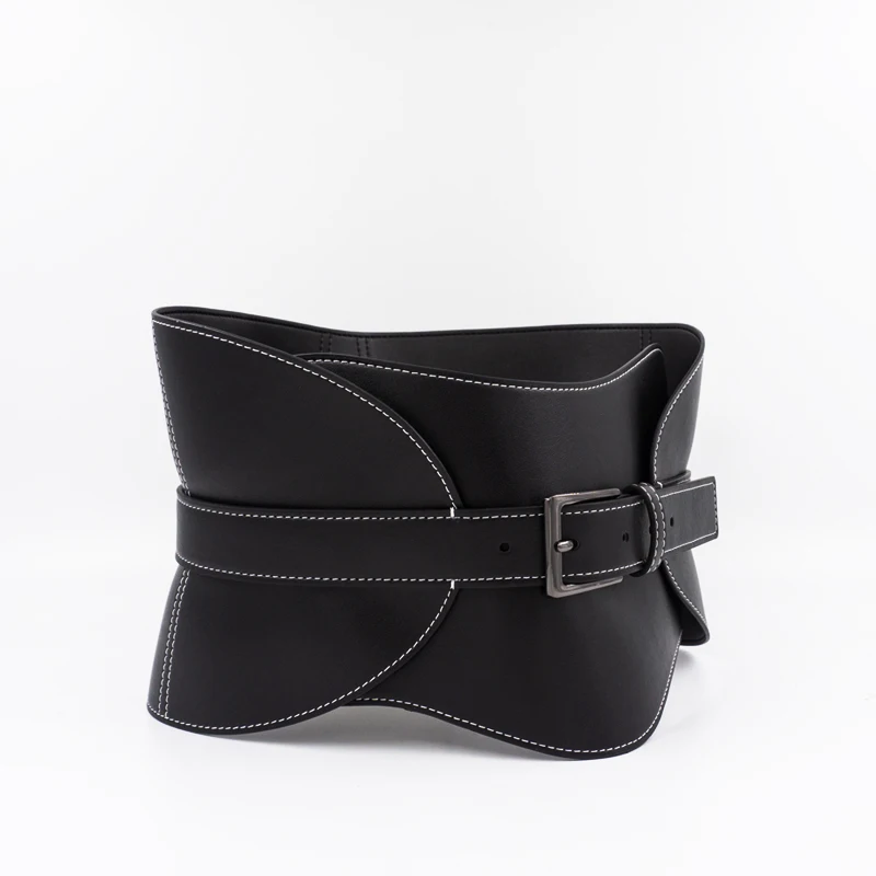 Top-stitched talia seal skórzana damska szeroki pasek czarna ze sprzączką moda miękka skórzana sukienka ozdobny pas