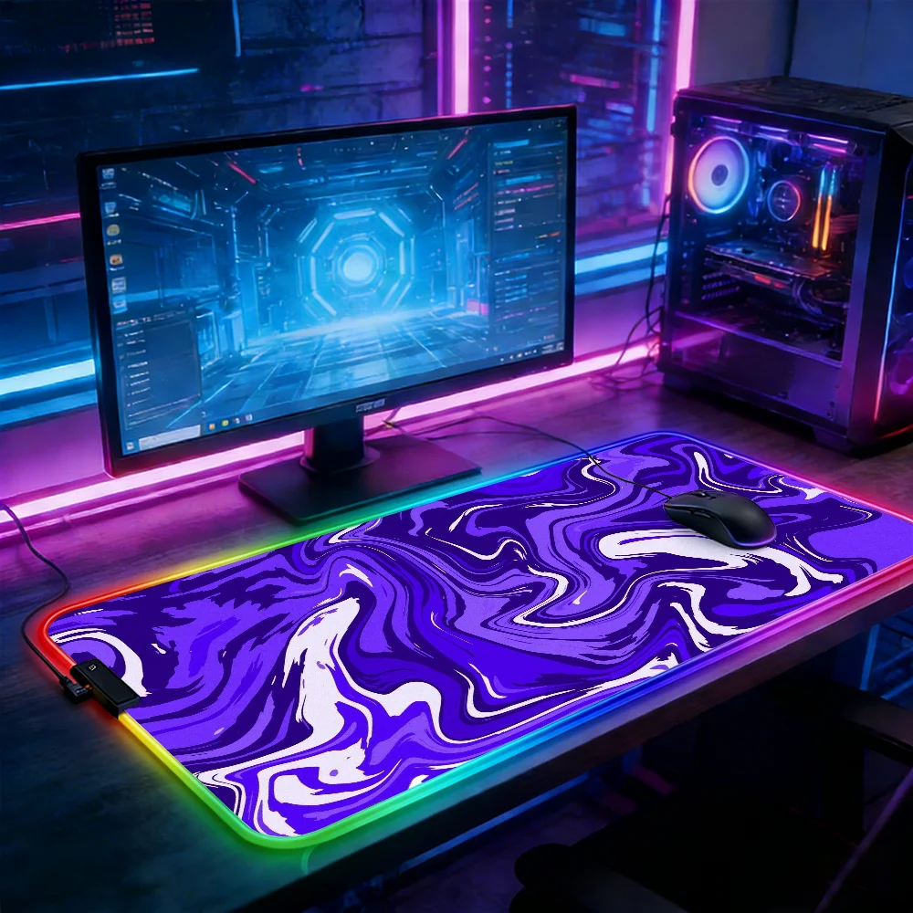 

Светодиодный RGB-коврик для мыши, игровой коврик для клавиатуры, настольный коврик, фиолетовый, с эффектом жидкого мрамора, аксессуары для ноутбуков, настольный коврик, аниме-дизайн