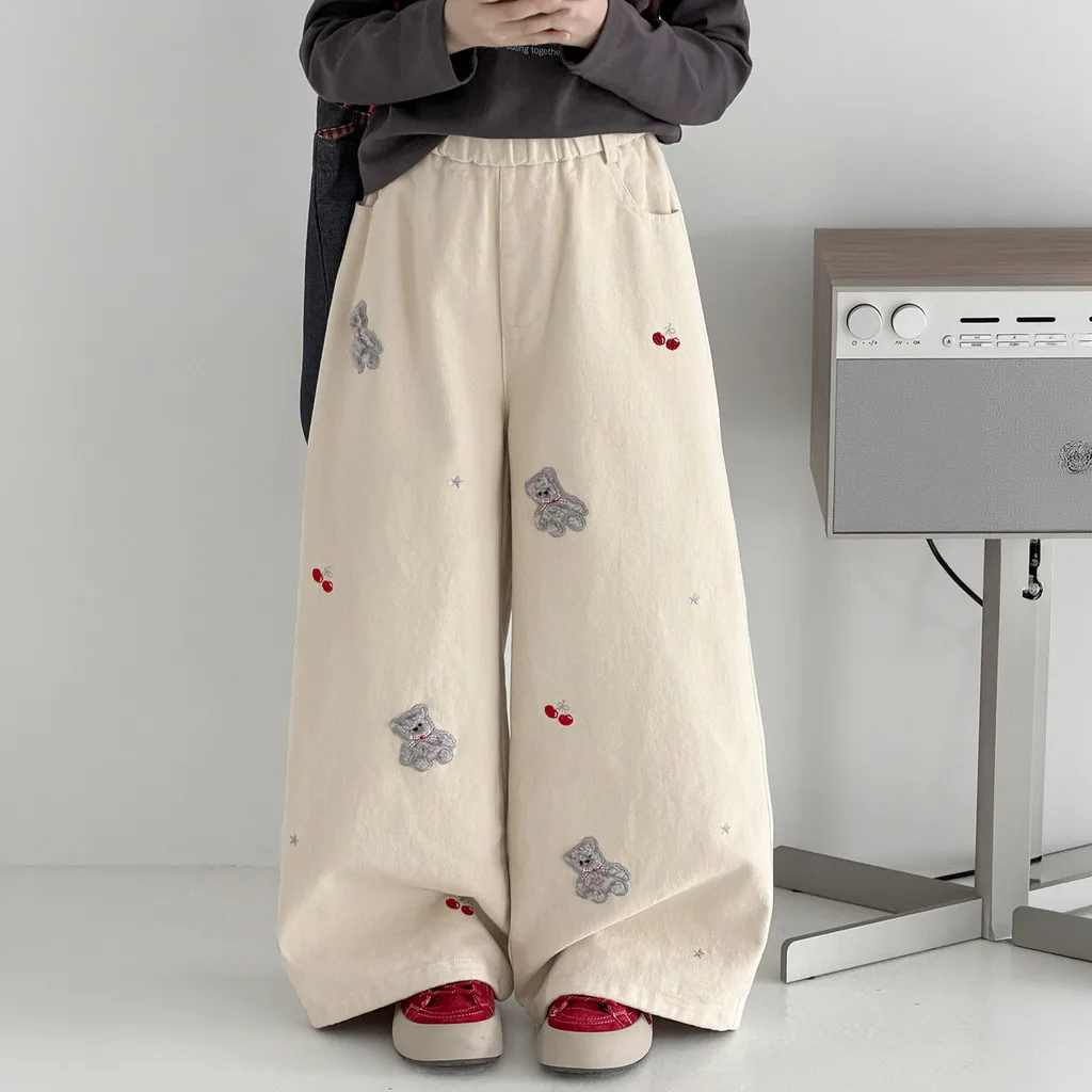 Girls Wide Leg Jeans Beige Autumn Cute Bear Cherry Children Straight Leg Pants
