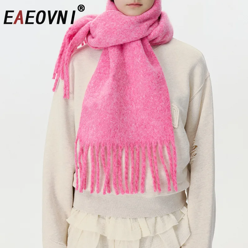 

EAEOVNI, новый зимний женский шарф, шерстяной теплый однотонный дизайн с кисточками, универсальные модные шарфы, повседневные офисные женские шарфы