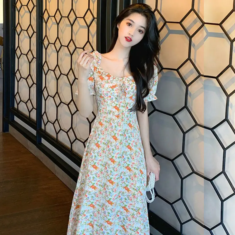 

YASUGUOJI New Summer Ins Maxi Dress Women Elegant Slash Neck Side-slit Design Retro Lady Holiday Off Shoulder Floral Dresses