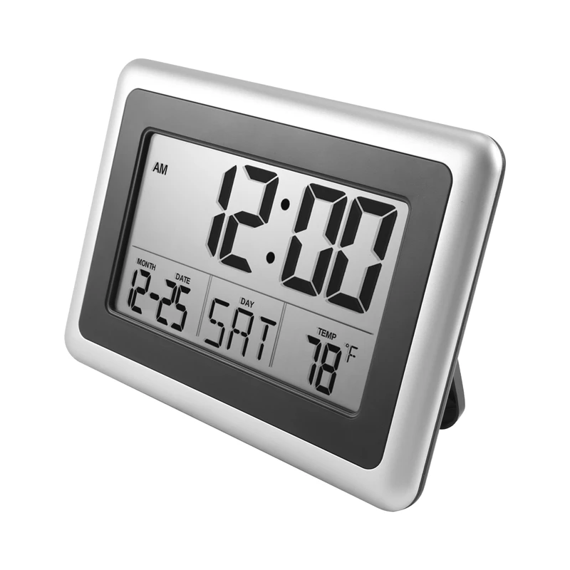 Digital Wall Clock, Large Lcd Display, Battery Operated, Indoor Temperature, Calendar, Table Standing, Snooze Without Back Light