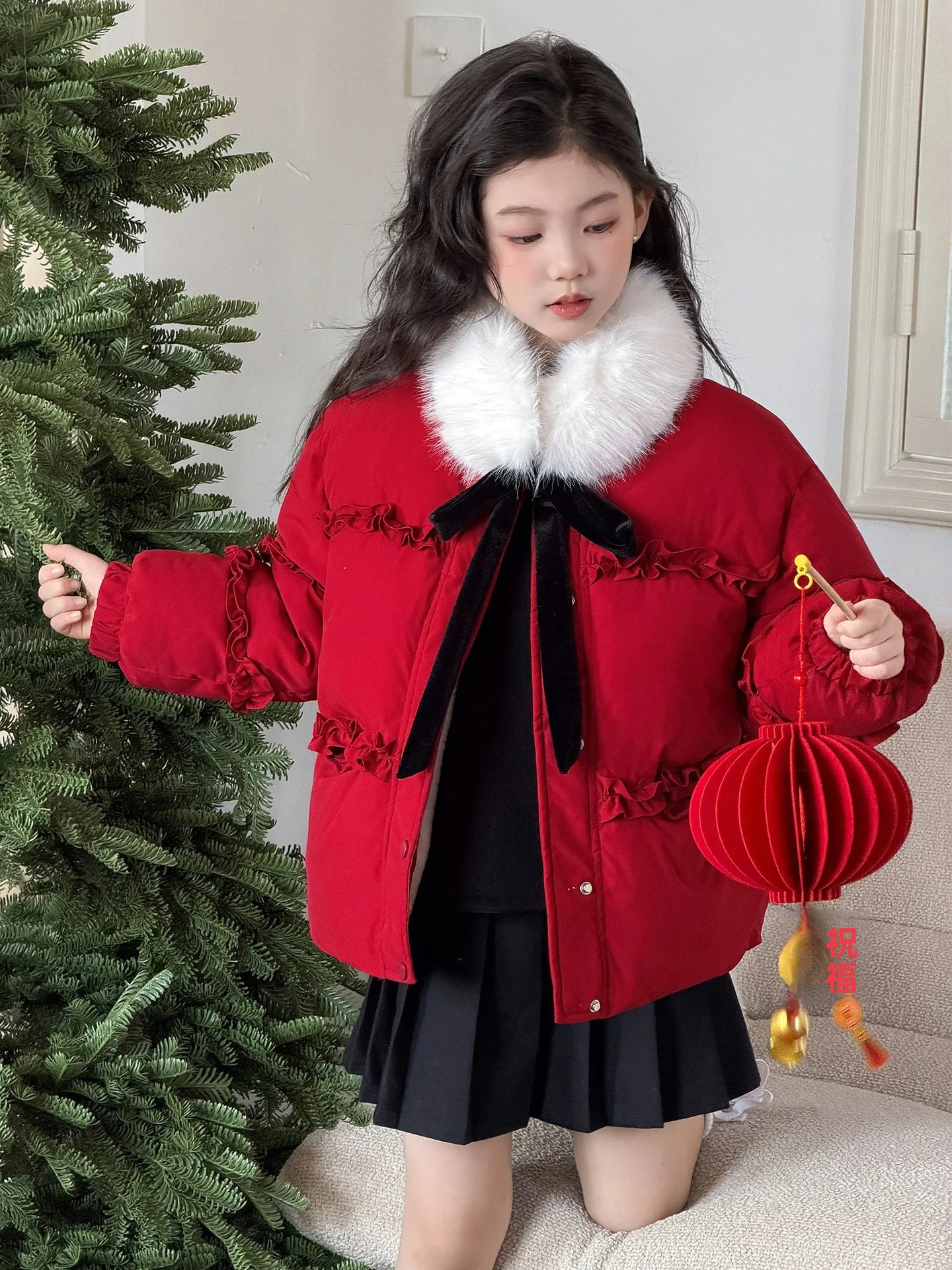 thiened-cotton-jaet-for-big-girls-red-fur-collar-new-year-visiting-clothes-children's-winter-clothes-polyester-fiber