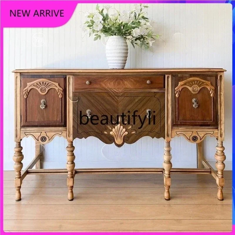 

54Classical carved locker Chinese log porch cabinet dining side cabinet small apartment customization