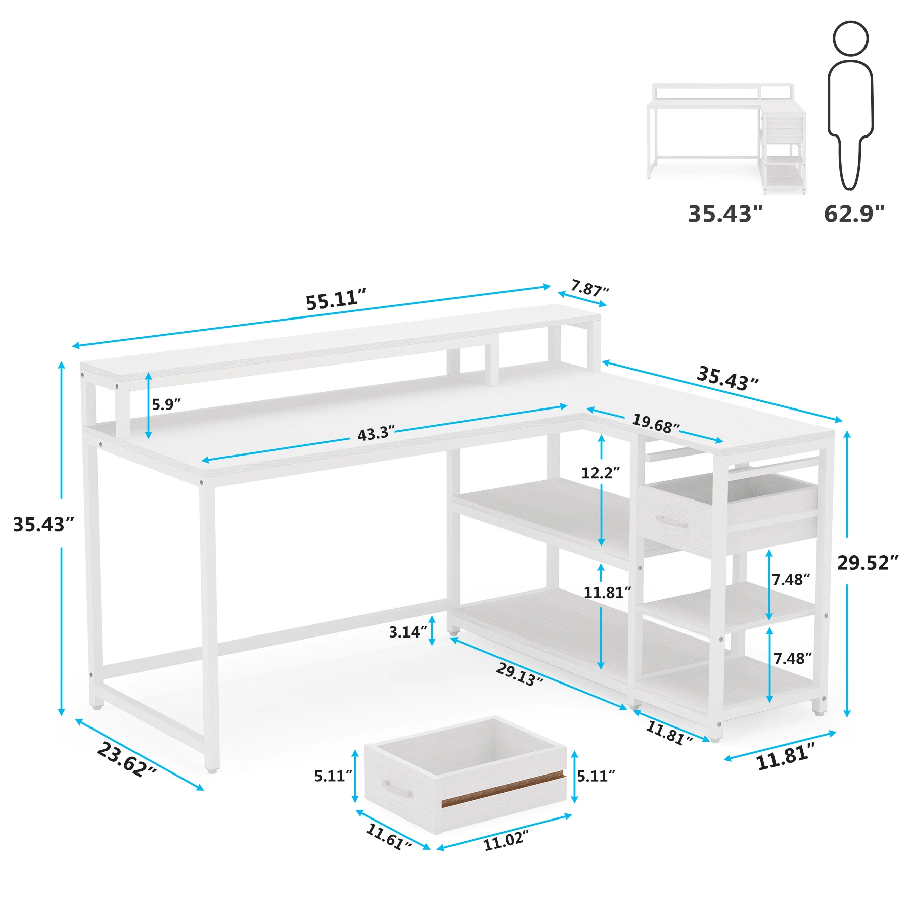 Tribesigns New Product L Shaped Modern Wood White Home Office Desk with Storage Shelves and Small drawers