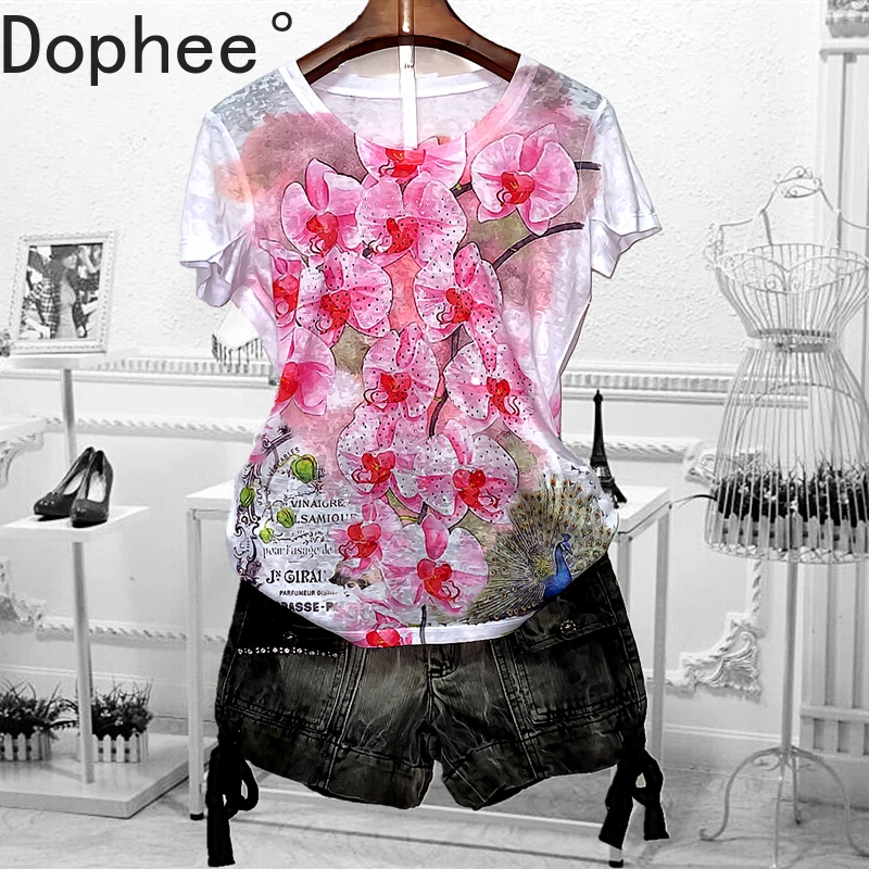 Printing Short Sleeve Female T-shirt 2025 New National Wind Hot Drilling Large Size Mulberry Silk O-neck Pullover Top Basic Tees