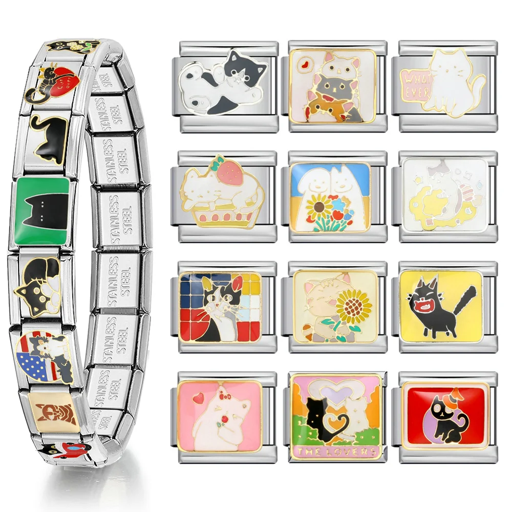 Y2K Bunter italienischer Charm, elastischer Link, passend für 9 mm Edelstahl, niedliche Tier-Cartoon-Katze, Schmuck, Armbänder, Herstellung von DIY-Zubehör – Detail 1