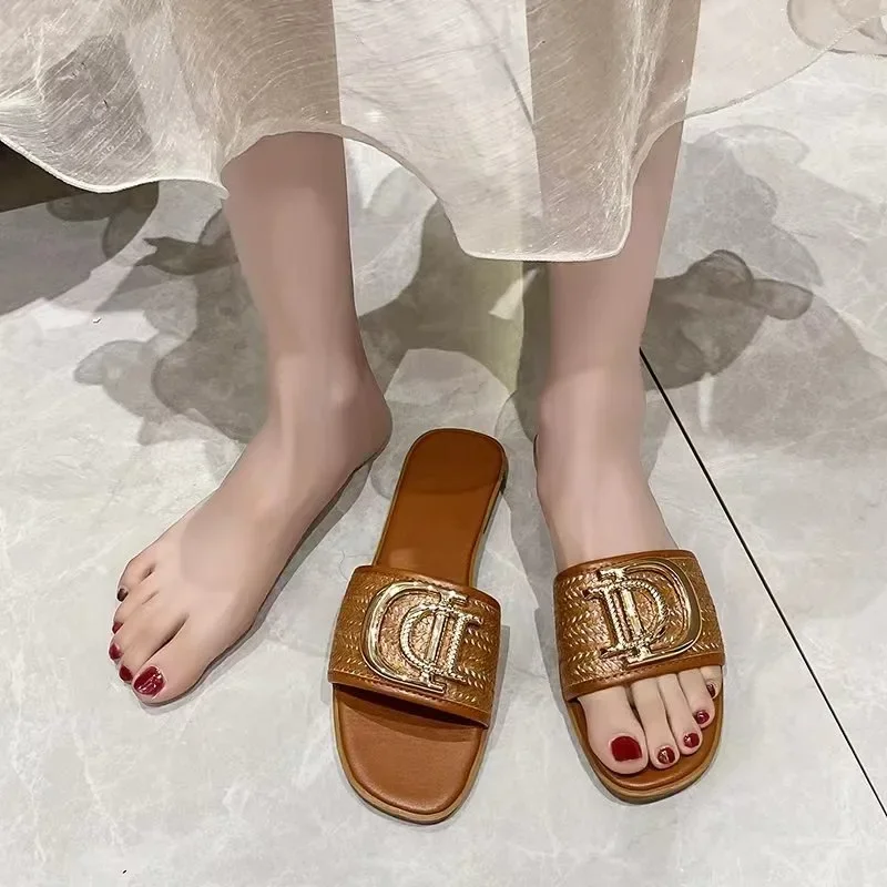 Women Luxury Decor Weave Design Flat Sandals Fashion Open-toe Vacation Casual Slides Party Sexy Elegant Office-Ladies New Shoes